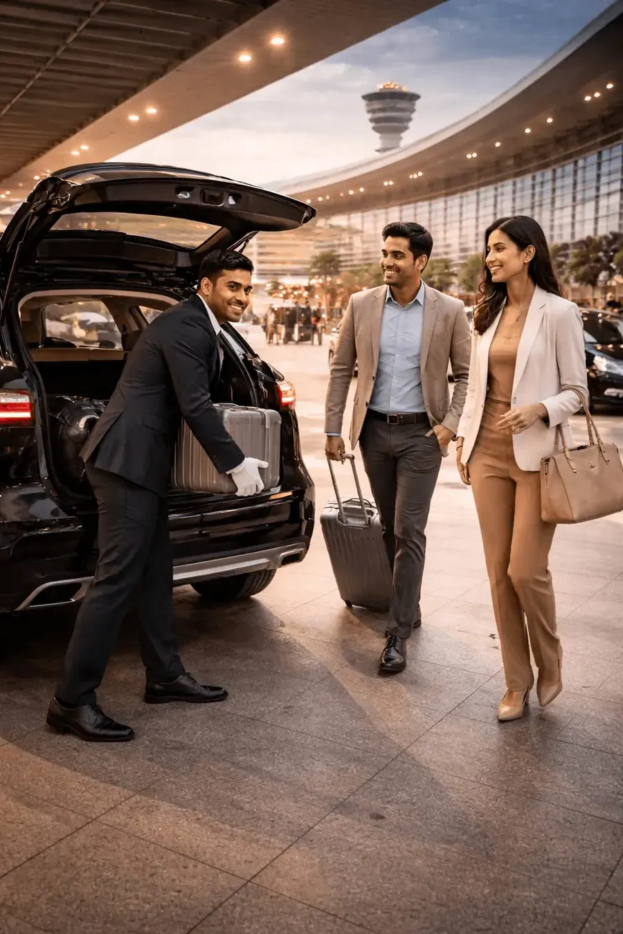 Trevel driver standing with EV cab for airport transfer